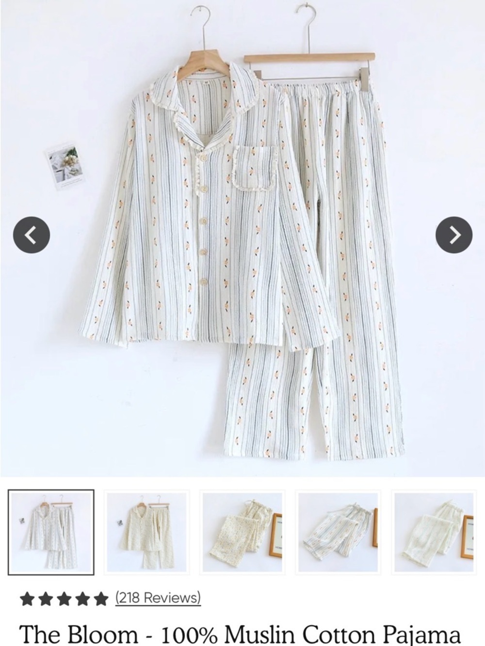 Bloom Cream Floral-Striped Muslin Pajama Set